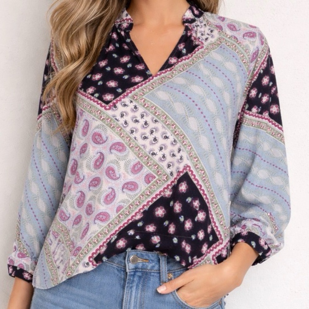 Loft Women’s Patchwork Print Top V Neck Long Sleeve Linen Blend XSP Boho paisley